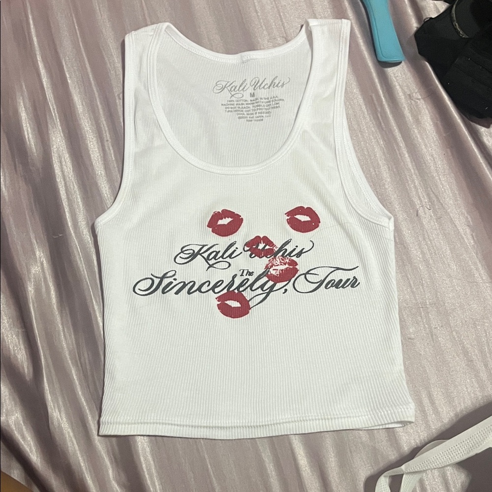 Kali Uchis The Sincerely, Tour White Tank Top with Red Lip Print